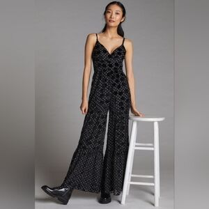 Hutch Anthropologie Flounced Velvet Wide Leg Black Flowy Jumpsuit Women's 6